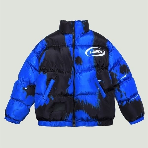 

mens down parkas hip hop tie dye parkas mens harajuku printed padded jackets korean winter thicken warm loose casual zipper puffer coats cou, Black