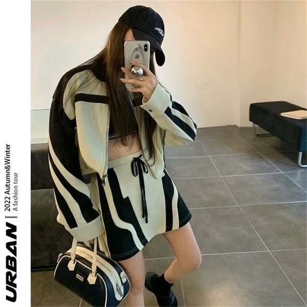 

womens two piece pants autumn casual sports suit womens short baseball suit sweater coat contrast high waist ashaped skirt 221010, White
