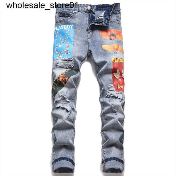 

new men's jeans designer denim style amirs brand slim fit elastic hole fashion print men's jeans, Blue