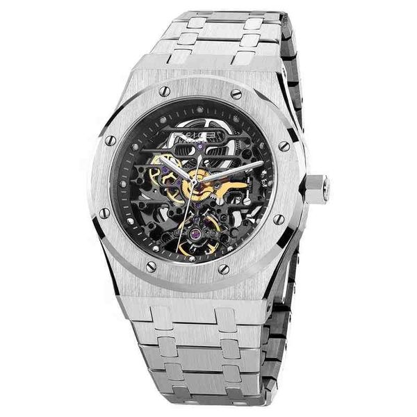 

men's luxury sport 5atm waterproof wristwatch stainls steel vintage men skeleton automatic mechanical watch, Slivery;brown