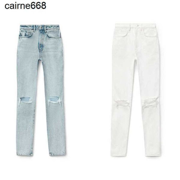 

designer women's jeans new washed light blue high waist straight alexanders leg broken jeans women wangs