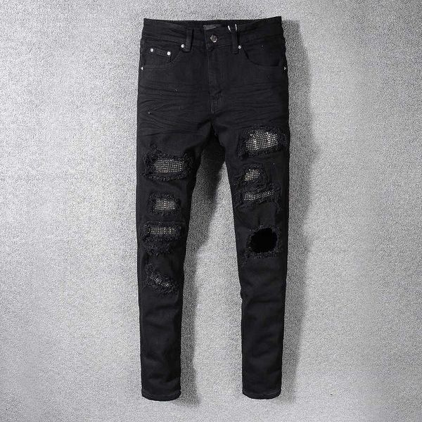 

mens jeans angel print rip slim fit skinny star man pants streetwear for young guys biker denim stretch cult stretch motorcycle straight leg, Blue