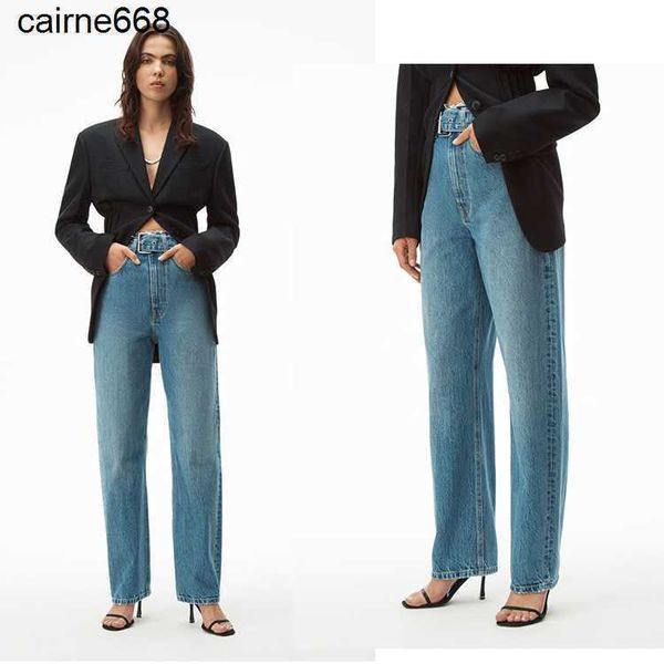 

designer women's jeans spring new high waist blue tassel trouser waist straight leg alexanders pants belt jeans female wangs