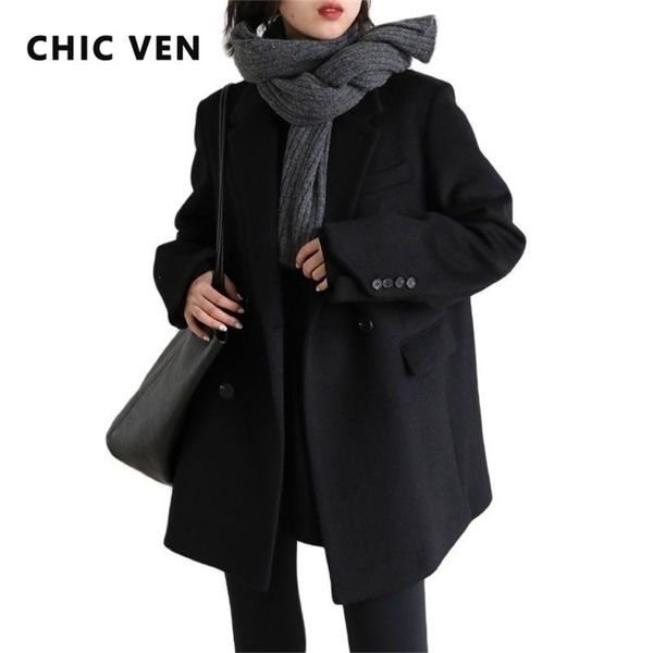 

women's wool blends chic ven women blend coat solid mid long en blazer thick warm blouse overcoat office lady autumn winter 221010, Black