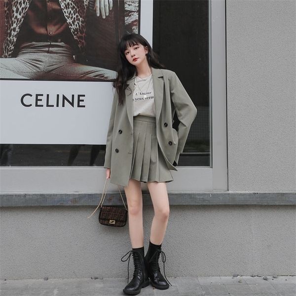 

two piece dress small suit female korean spring and autumn jacket pleated skirt two piece college style student 221010, White