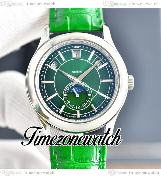 

40mm 5205r-011 5205g automatic mens watch complications annual calendar green dial moon phase steel case green leather strap watches timezon, Slivery;brown