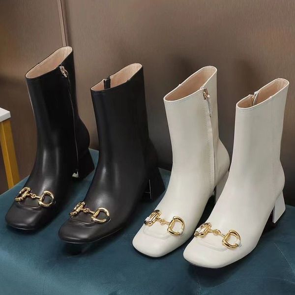 

woman cowhide zipper boots metal buckle designer ankle boot leather lady square toed high heels fashion autumn winter thick heel women shoes, Black
