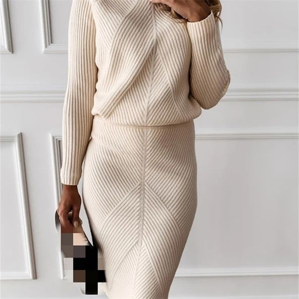 

two piece dress tyhur autumn women's knitting costume turtleneck solid color pullover sweater slim skirt two piece set 221010, White