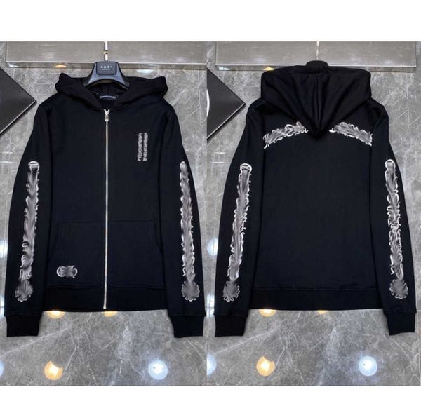

fashion mens loose sweatshirts classic brand ch designer hoodie horseshoe sanskrit print luxury zipper jacket pullover hooded coat za3g, Black