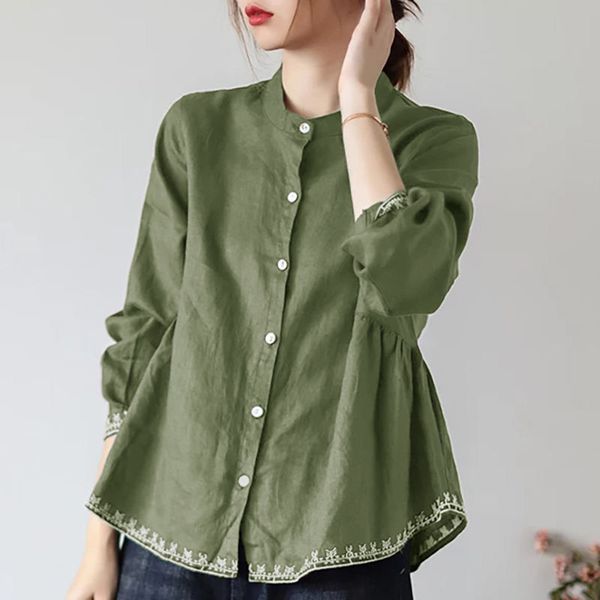 

size -3xl long sleeve stand collar shirt spring autumn women's cotton linen loose ladies retro embroidery shirts blouses, White