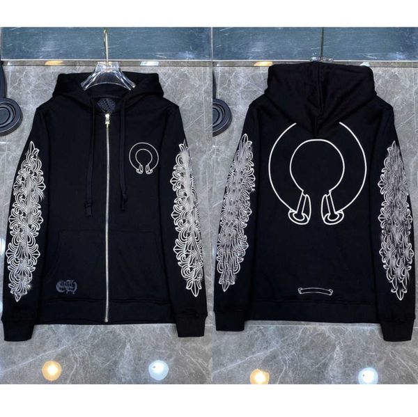 

loose mens fashion sweatshirts classic brand ch designer hoodie horseshoe sanskrit print luxury zipper jacket pullover hooded coat den3, Black