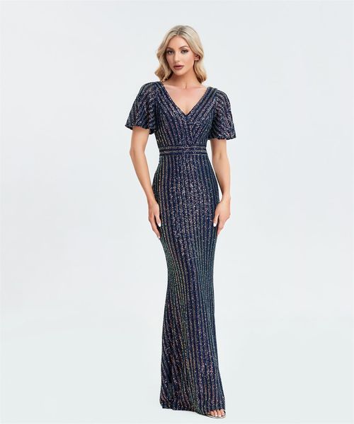 

new plus size special occasion dresses short sleeve ruffle elastic long dress sequins double v-neck women's mermaid evening party tw000, Black