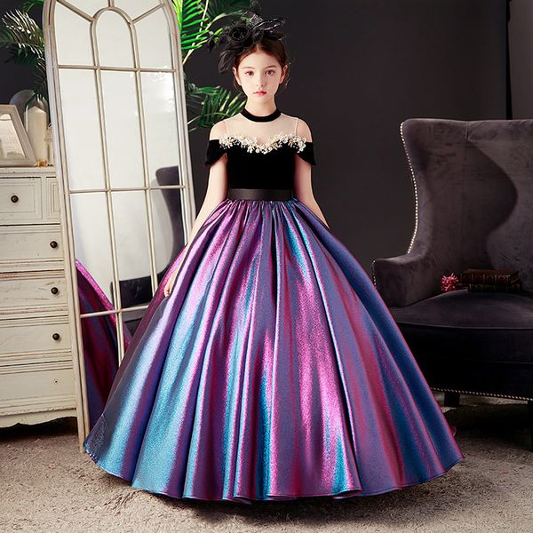 

luxury princess flower girl dresses for country garden weddings sheer lace tulle long sequined appliques big bow sash back girls formal birt, White;blue