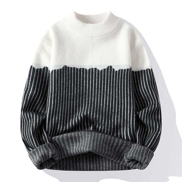 

men's sweaters new winter thick warm cashmere knitted sweater mens fashion pullover korean style slim fit patchwork stripes pull homme, White;black