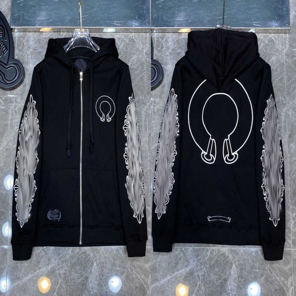 

designer mens fashion sweatshirts classic brand ch loose hoodie horseshoe sanskrit print luxury zipper jacket pullover hooded coat mrll, Black