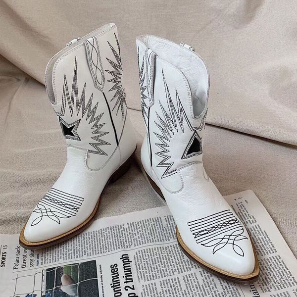 

western style ankle biker cowgirl boots cowboy heel pull-on half booties leather outsole snip toe boot women luxury designers shoes factory, Black