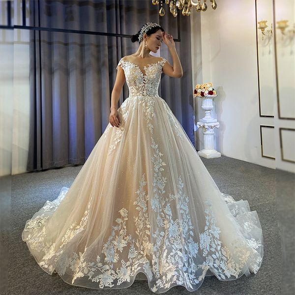 

2023 ball gown wedding dresses dubai elegant long sleeves sheer crew neck lace appliques beaded vestios de novia luxury bridal gowns with bu, White
