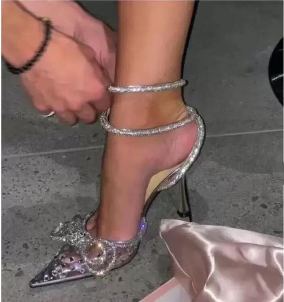 

mach double bow rhinestone crystal-embellished transparent drill sandals pumps high shoes evening women luxurys designers dress shoes ankle, Black