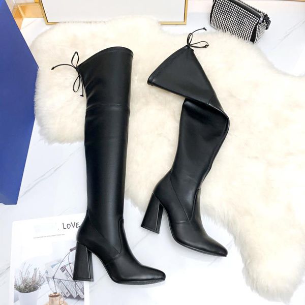 

genna 60mm leather thigh boots over-knee-high boot shoes round toes slip on fashion booties women luxury designer shoes factory footwear, Black