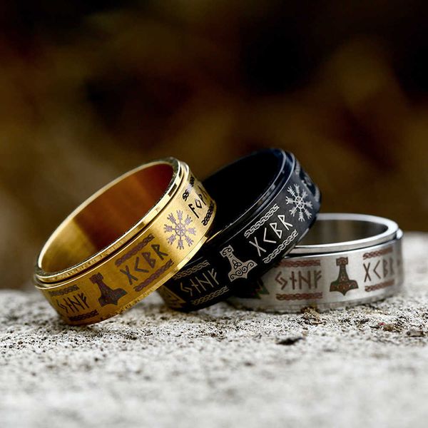 

cluster rings classic viking rune rings for men women stainless steel gold/silver/black color norse viking pattern amulet ring jewelry gifts, Golden;silver