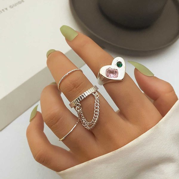 

cluster rings kisswife vintage silver color alloy pink blue gem rings set for women heart chain finger ring 2022 trend fashion jewelry l2210, Golden;silver