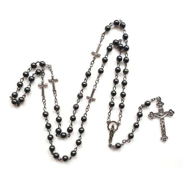 

vintage hematite rosary catholic long jesus cross virgin necklace pendant for men women religious jewelry, Silver