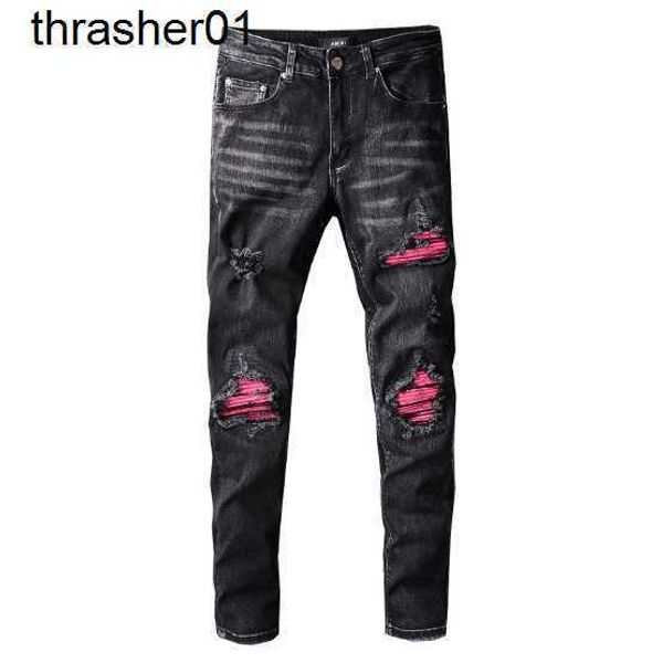 

new men's designer jeans amirs trend pierced jeans men's patch slim fit elastic tight denim streetwear pants, Blue