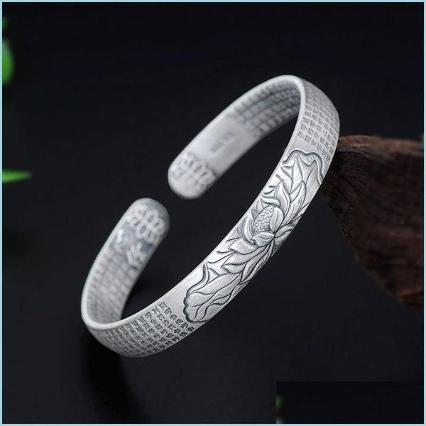 

bangle s999 pure sier heart sutra lotus bracelet retro opening great sorrow charm womens six character real words drop delivery 2021 dh87u, Black