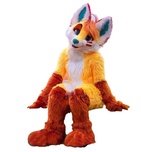 

professional long fur husky dog fox mascot costume fursuit halloween suit cartoon outits party dress, Red;yellow