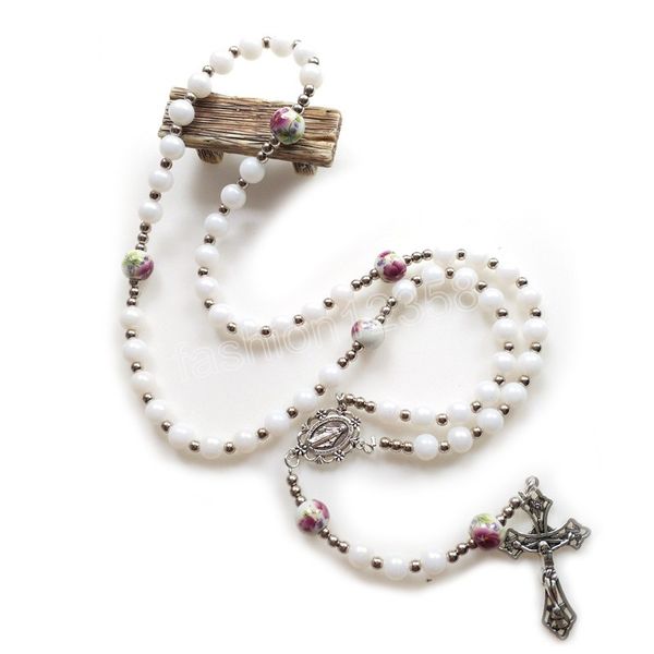 

christ jesus cross rosary white ceramic acrylic beads strand necklace for men women pendant religious jewelry, Silver
