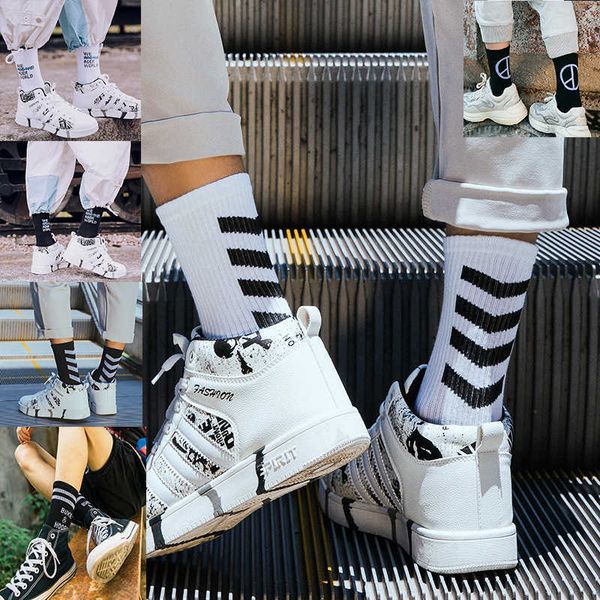

men's socks men personality street letters stripes skateboard pure cotton sports new korean version trend harajuku couple t221011, Black