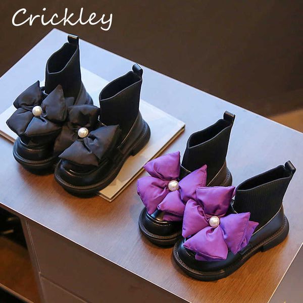 

boots fashion flowers girls design socks pu leather children princess 2022 pearl knitted slip on short kids ankle shoes y2210, Black;grey
