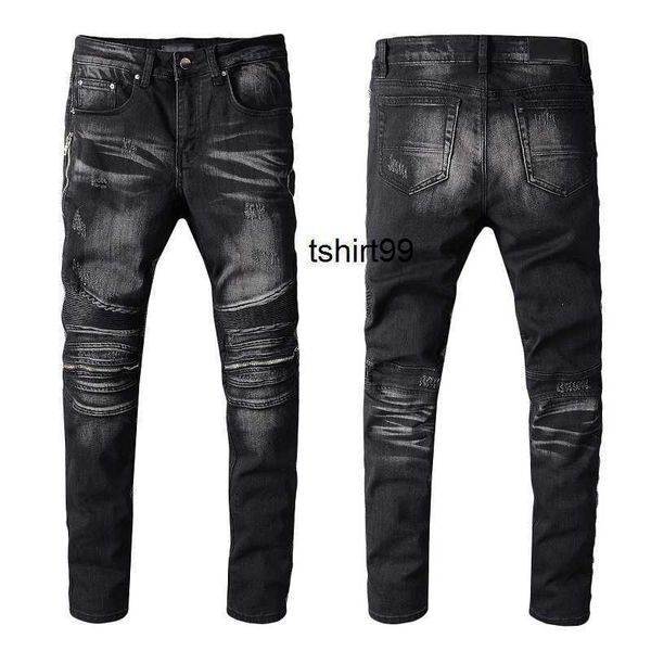 

high street fashion brand amirs personality handsome black punk style zipper pants elastic tight jeans pants, Blue