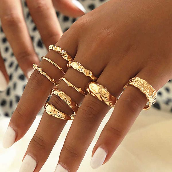 

cluster rings kisswife 9 pcs/set vintage geometric irregular rings set gold color twisted finger rings for women fashion party fashion jewel, Golden;silver