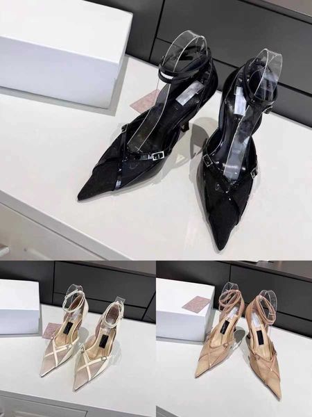 

casual shoes 2022 summer co branded j transparent gauze pointy cross snap high-heeled fashionable women's shoes, Black