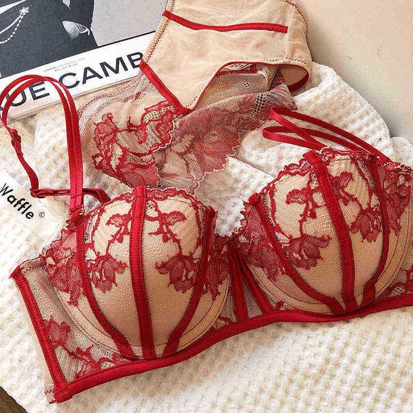

bras sets embroidered lace lingerie soft steel ring thin half-cup bralette big size underwear suits bras women push up lingerie panty t22090, Red;black