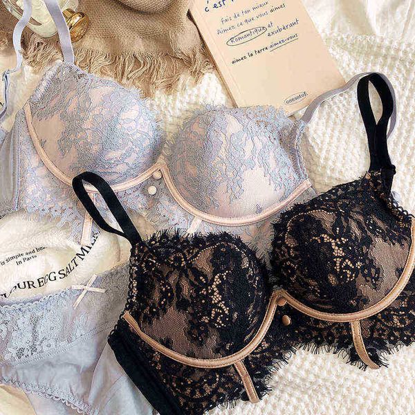 

bras sets lace small chest gather lingerie no steel ring upper thin and lower thick underwear set women adjusting bra panty suit t220907, Red;black