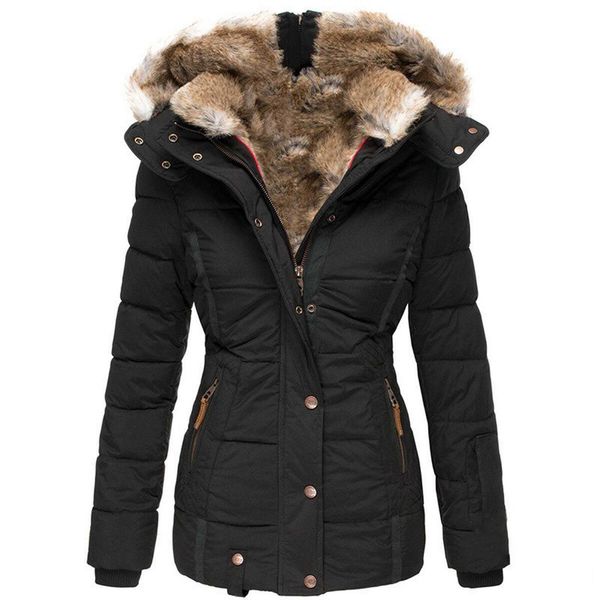 

women's down parkas cotton padded fur parka womens winter lapel buttons long trench thick warm jacket ladies overcoat outwear female po, Black