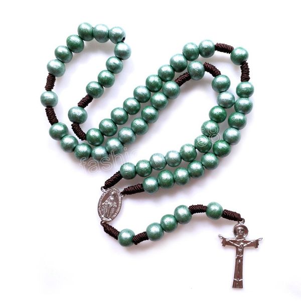 

green strand necklace wood jesus cross rosary virgin catholic religious pray jewelry for men women, Silver