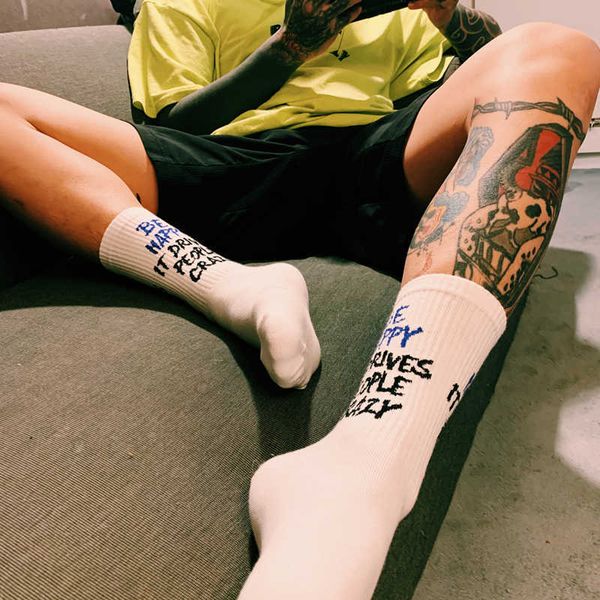 

men's socks drop ship man crew socks be happy it drives people crazy street fashion hip hop hiphop skateboard dent black white t221011