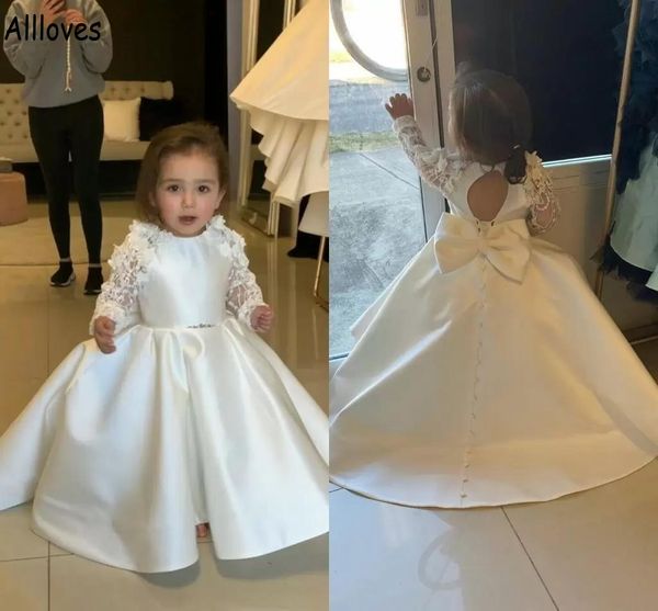 

ivory satin flower girl dresses for wedding with long sleeve 3d floral alace ppliques birthday formal party pageant gowns kids first communi, White;blue