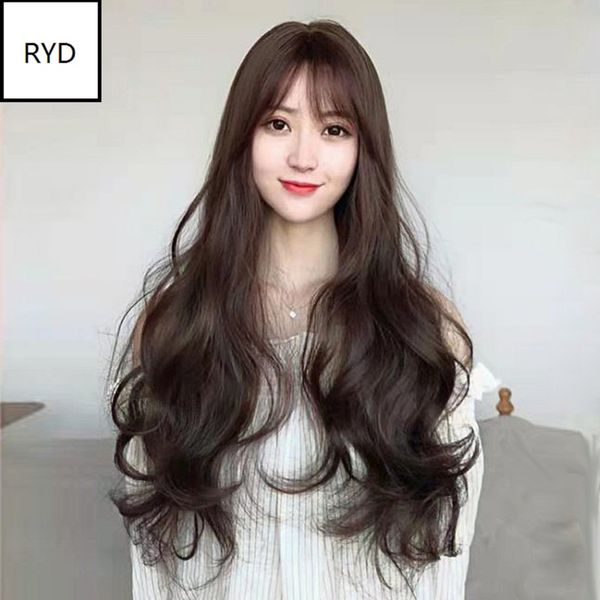 

fashion big wave long curly wig set lifelike high temperature silk wig womanized fiber hair set, Black