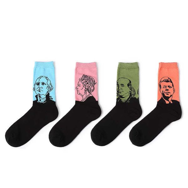 

men's socks new men women cotton oil paiting celebrity avatar art funny for couples t221011, Black