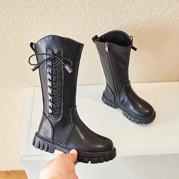 

boots children side fake lace up black unique boots 2022 new fashion spring and autumn new girls kids fashion catwalk shoes versatile l22101, Black;grey