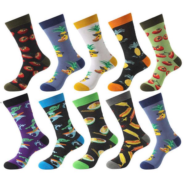

men's socks happy colorful cartoon man socks spring and autumn fashion fruit harajuku cotton trend socks hip hop funny alien male stock, Black