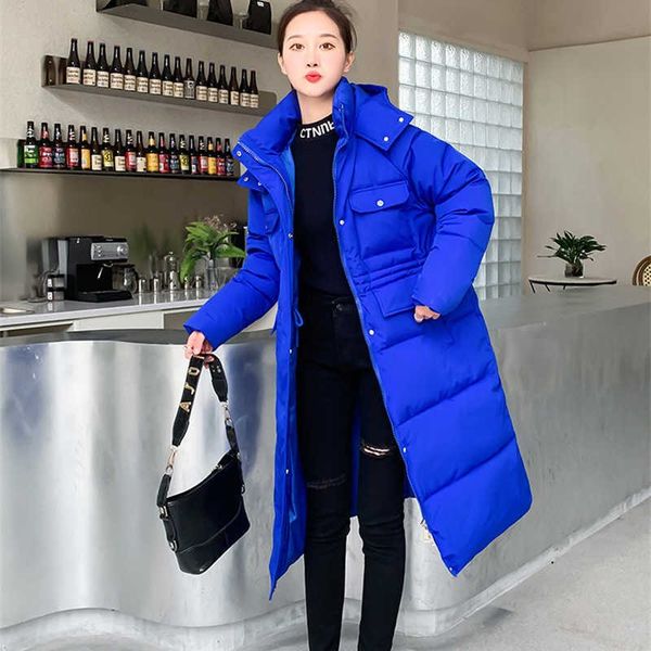 

women's down parkas 2022 new x-long parkas women winter hooded cotton padded jackets thick warm lace-up slim lady outerwear down wadde, Black