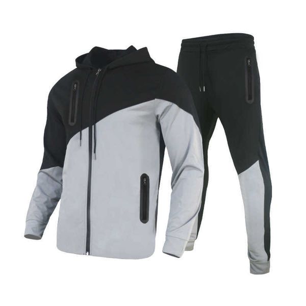 

men's tracksuits autumn and winter new sports suit hooded stitching pocket zipper casual sweater couple g221011, Gray