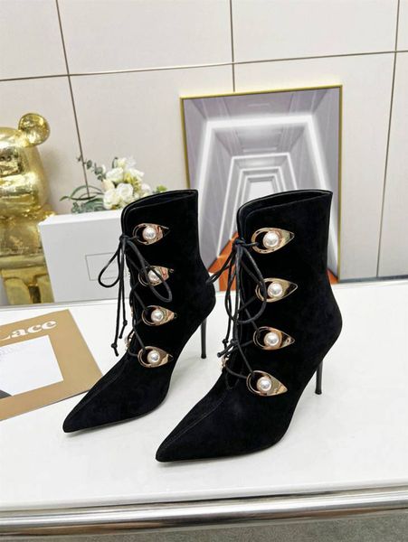 

luxury new womens high heel 9.5cm boots ankle winter martin knight lace up pearl motorcycle size 35-42, Black