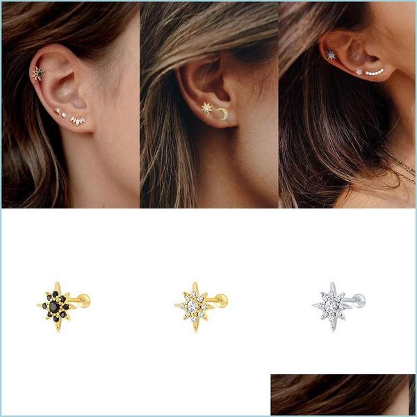 

stud 2pcs minimalist 925 sterling sier star moon stud earrings delicate tiny dot small cartilage helix piercing 761 z2 drop delivery dhg9e, Golden;silver