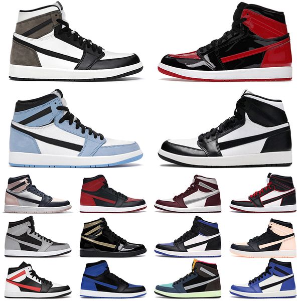 

jumpman 1 basketball shoes men women 1s bred patent banned dark mocha university blue bordeaux mens trainers outdoor sports sneakers gai, Black